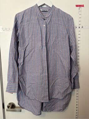 JW Anderson Linen Uniqlo Striped Blue and Pink Band-Collar Shirt